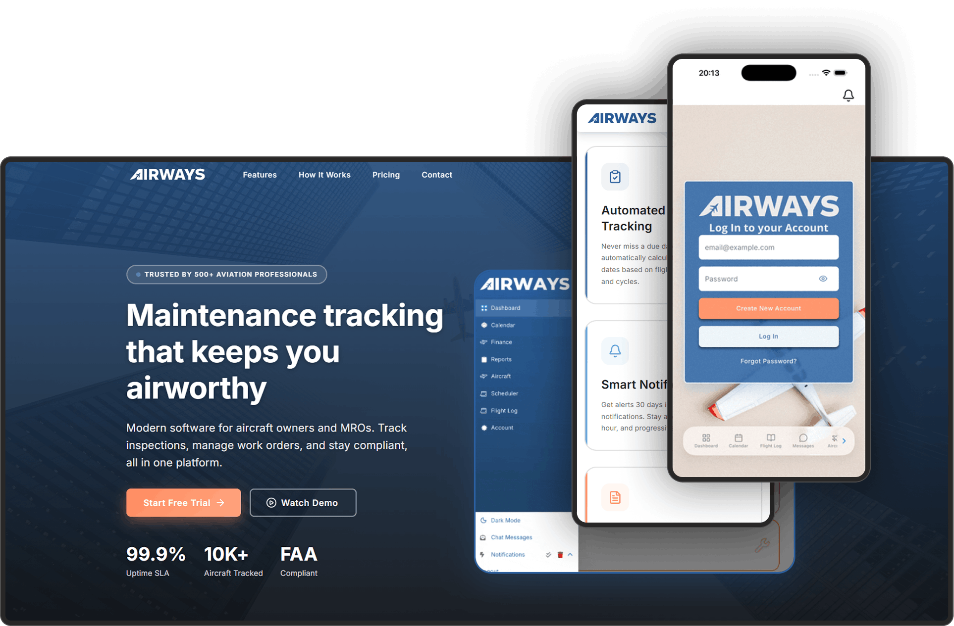 Airways aircraft maintenance product shown across desktop and mobile portfolio views