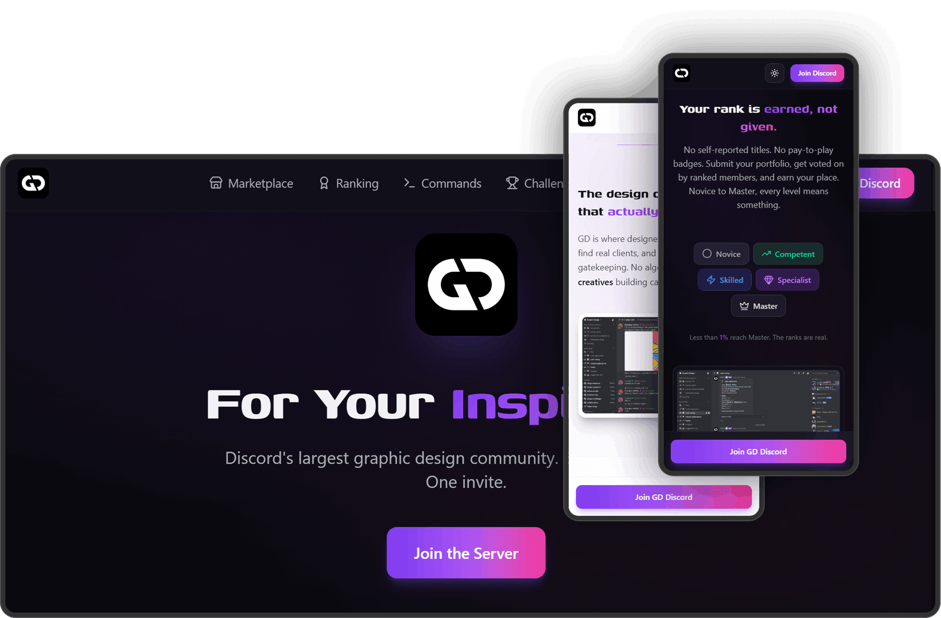 GD graphic design community marketplace and ranking system shown across desktop and mobile