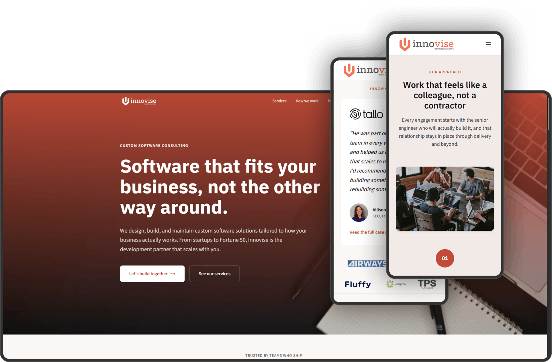 Innovise senior engineering partner website shown across desktop and mobile portfolio views