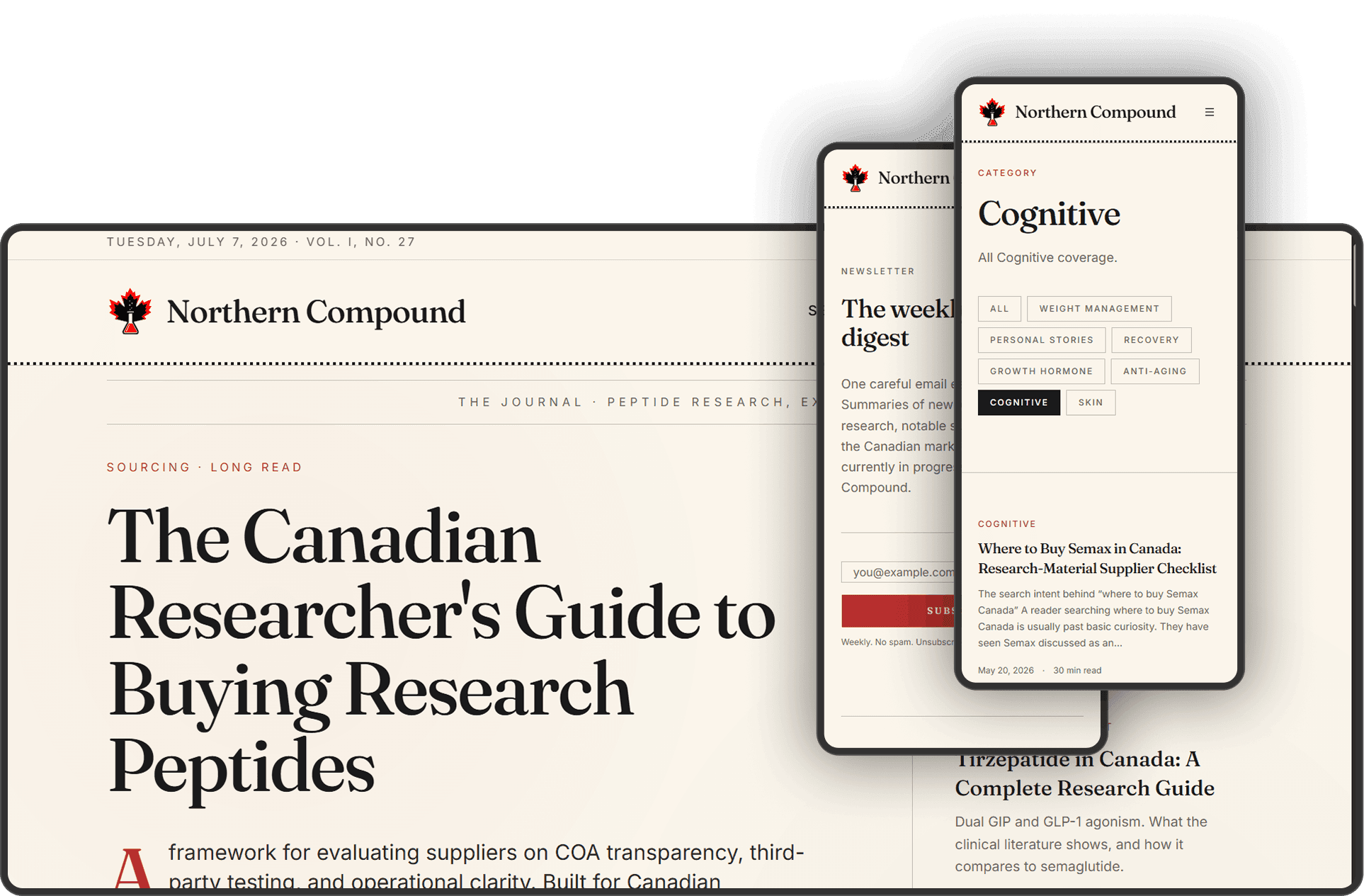 Northern Compound independent Canadian research publication shown across desktop and mobile portfolio views