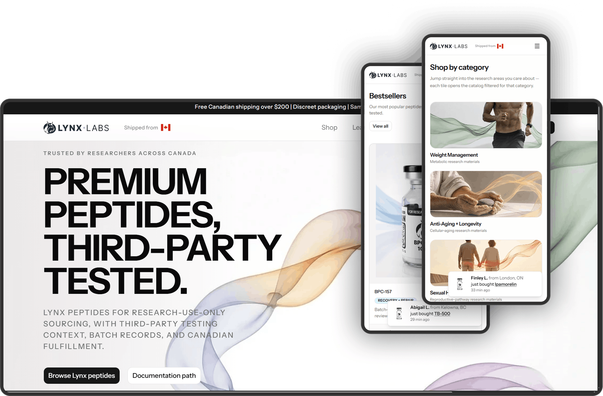 LynxLabs research-use-only commerce experience shown across desktop and mobile portfolio views